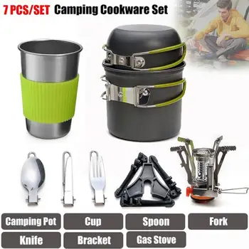 

7Pcs Portable Outdoor Camping Cookware Set Marching Utensils Tableware Picnic Pot Bowl Spoon Fork Gas Stove Cookware Kit