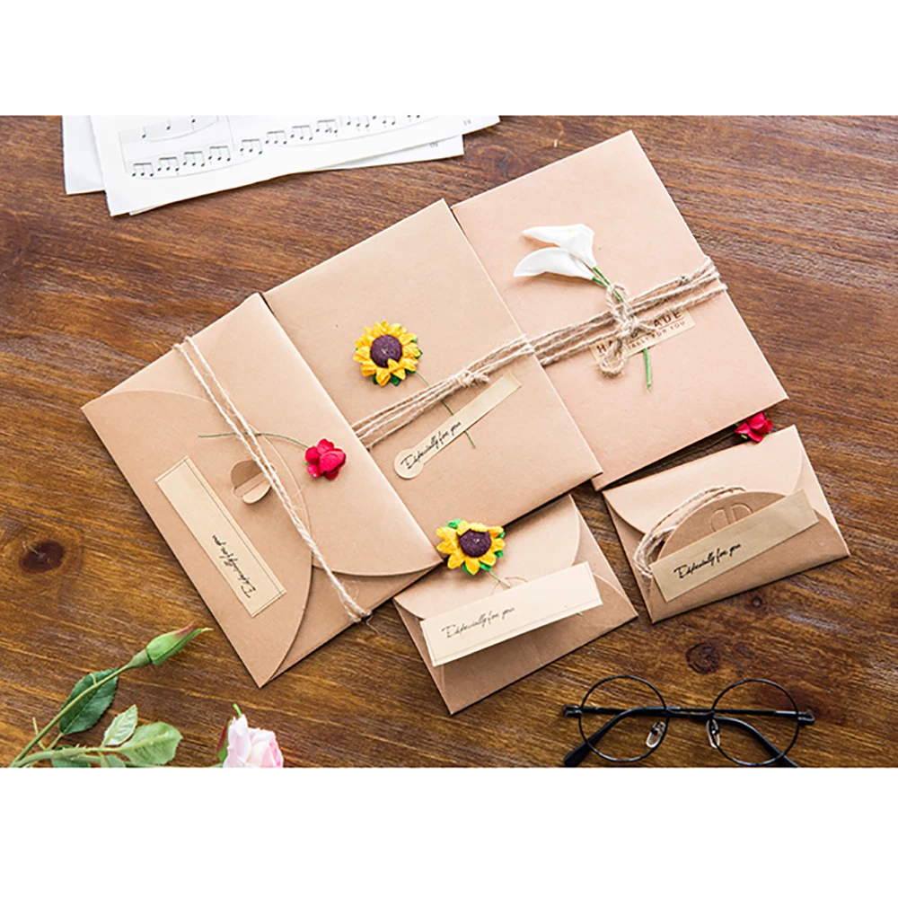  Lychee LIfe 3pcs Retro DIY Kraft Paper Invitation Greeting Card with Envelope Dry Flower Wedding Pa - 4000151948131