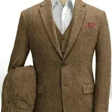Мужские коричневые смокинги из твида в елочку, классический винтажный Свадебный костюм жениха на заказ, 3 штуки