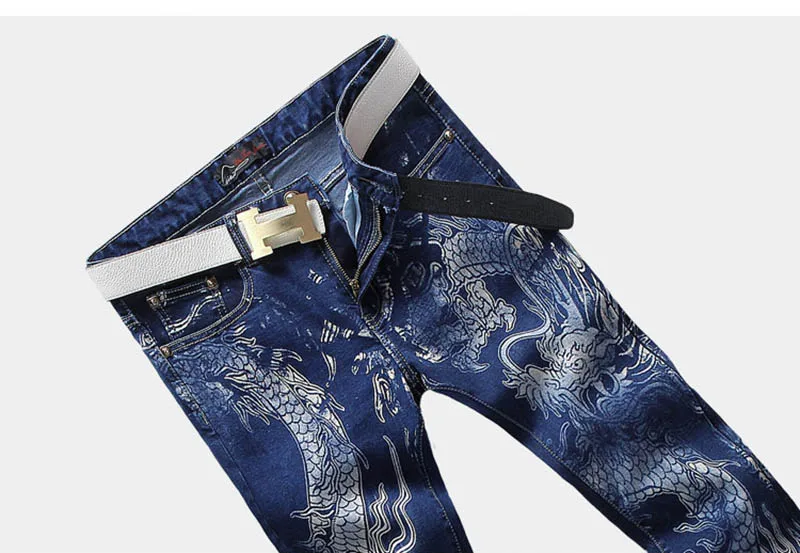 KIOVNO Men Fashion Printed Jeans Pants Dragon Painted Slim Fit Denim Trousers For Male Size 28-38 Blue Color (8)