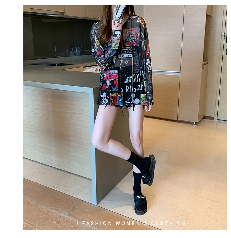 Disney 2021 Summer Famous Anime Mickey Mouse Brand Mesh Shirt Women Sun Protection Transparent Long Sleeve Blouse Ladies T-shirt