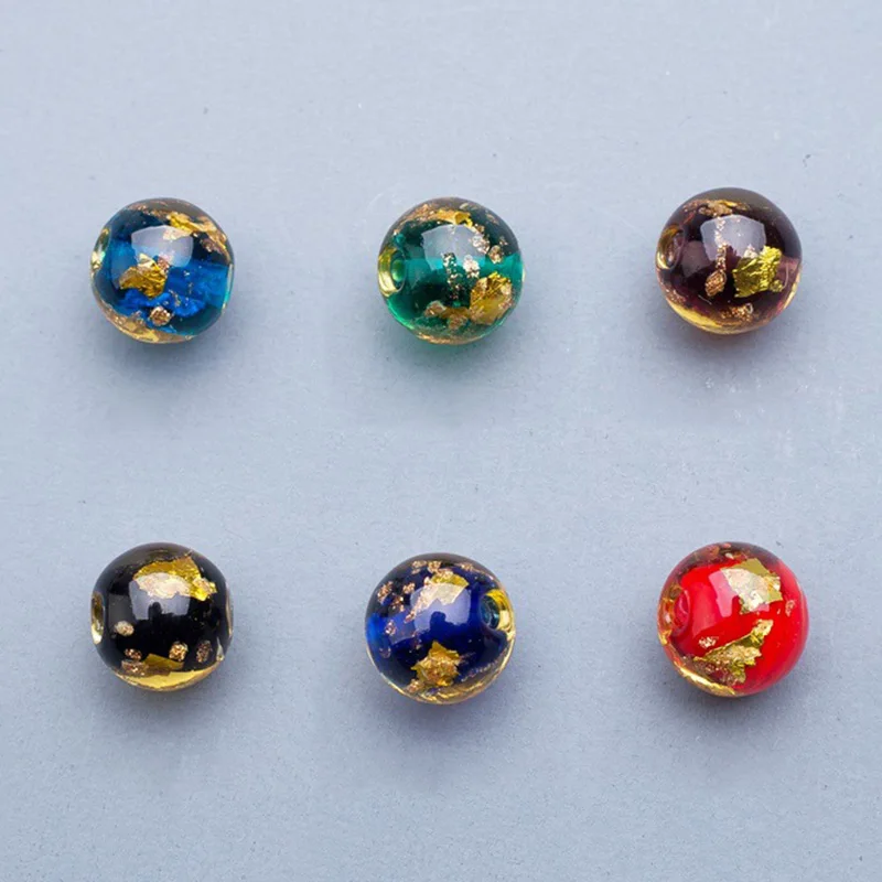 Round 10mm 12mm Gold Foil Pattern Handmade Lampwork Glass Loose Beads for Jewelry Making DIY Crafts Findings