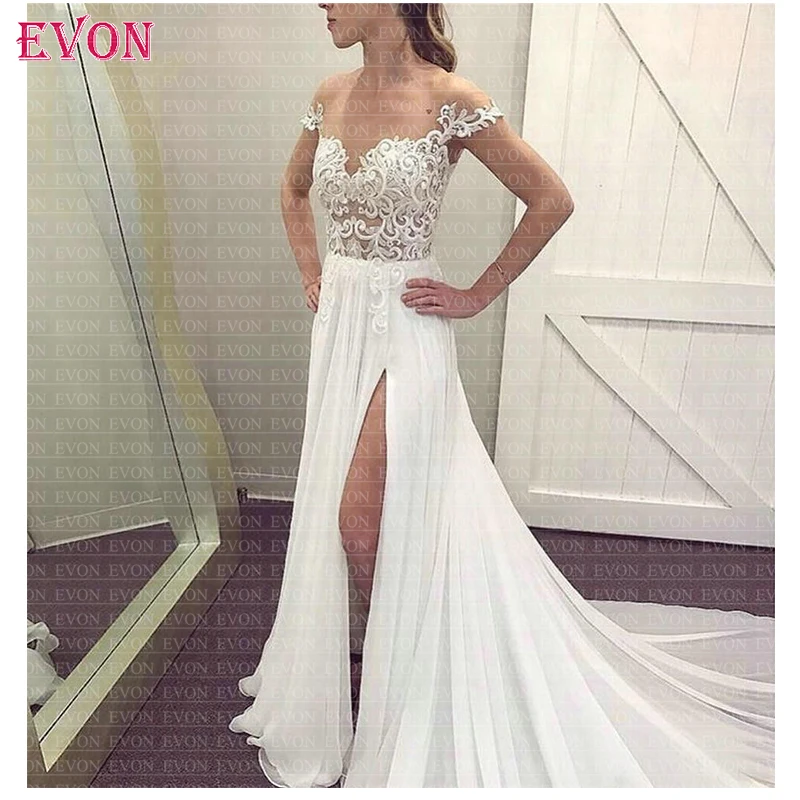Дешевые Vestido de noiva сексуальная Чистая Иллюзия Кружева С Боковым Разрезом свадебное платье в стиле бохо шифон на заказ пляжные свадебные платья