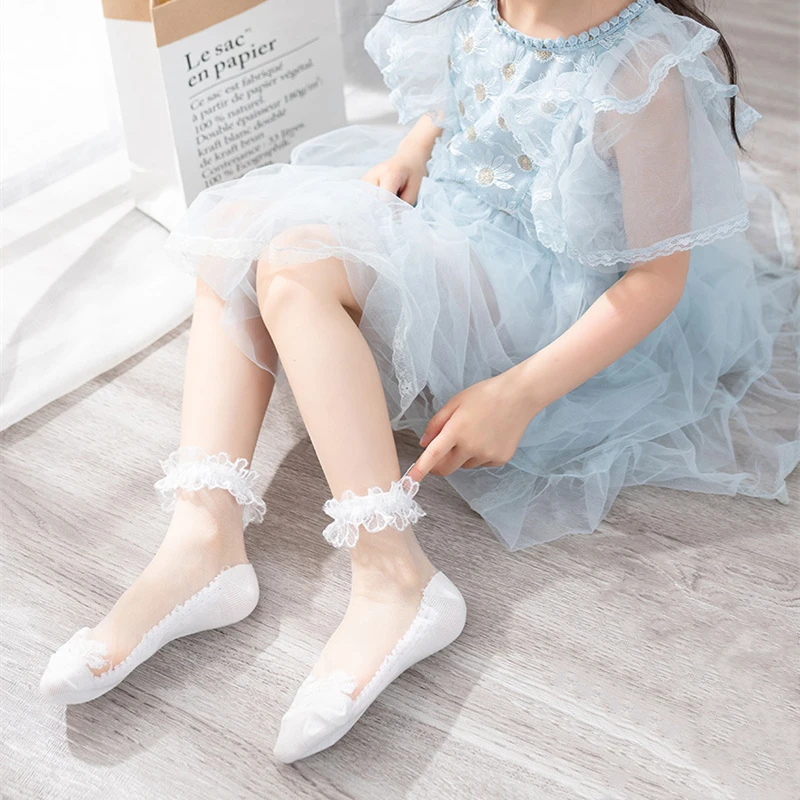 

Kids Crystal Mesh Socks 1pair Lace Socks Girls Vintage Ruffle Frilly Ankle Socks Baby Girls Princess Socks Thin meias School