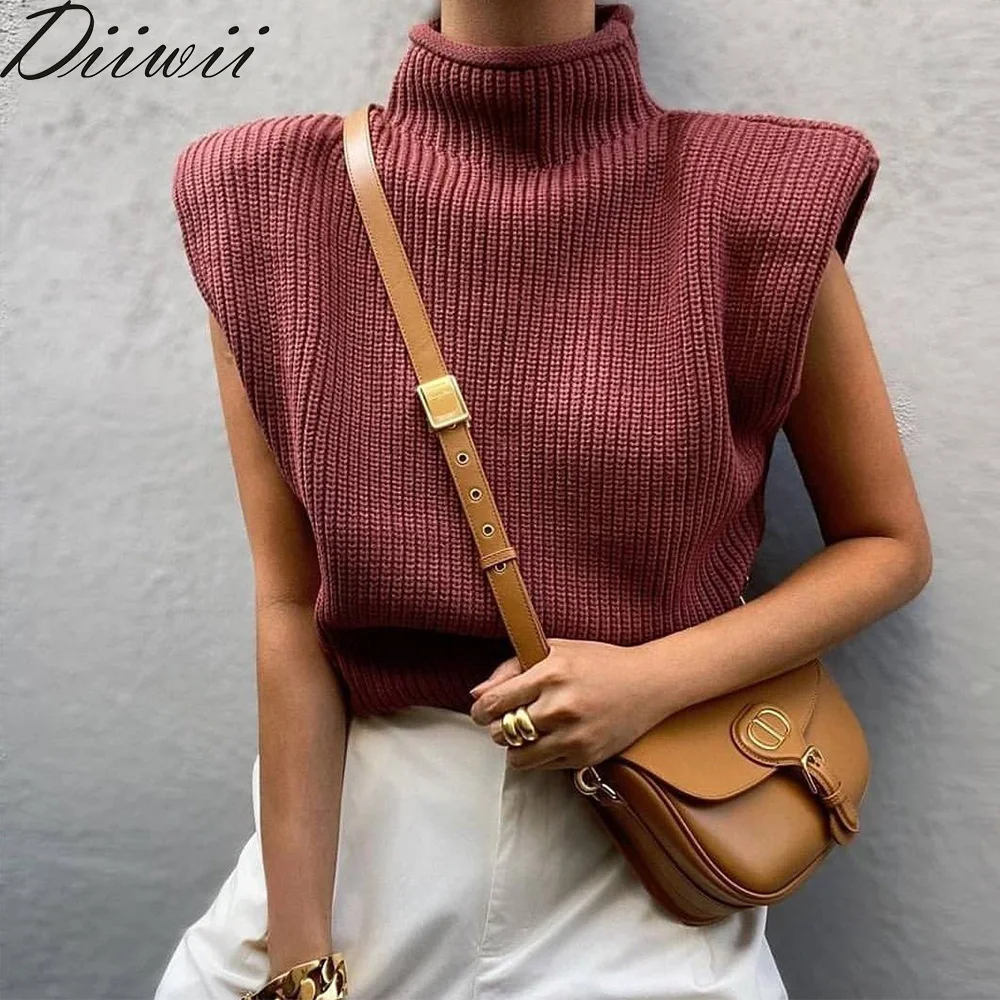 

Diiwii Women Turtleneck Sleeveless Vest Sweater Shoulder Pads Pullover Knitted Loose 2020 Autumn Winter Casual Jumper Ladies