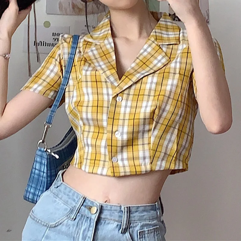 Fashion Blouse Women Navel Bare Short Shirt Plaid Casual Lapel V-neck Short Sleeve Button Up Blouses Lady 2021 Female Shirts Top 1