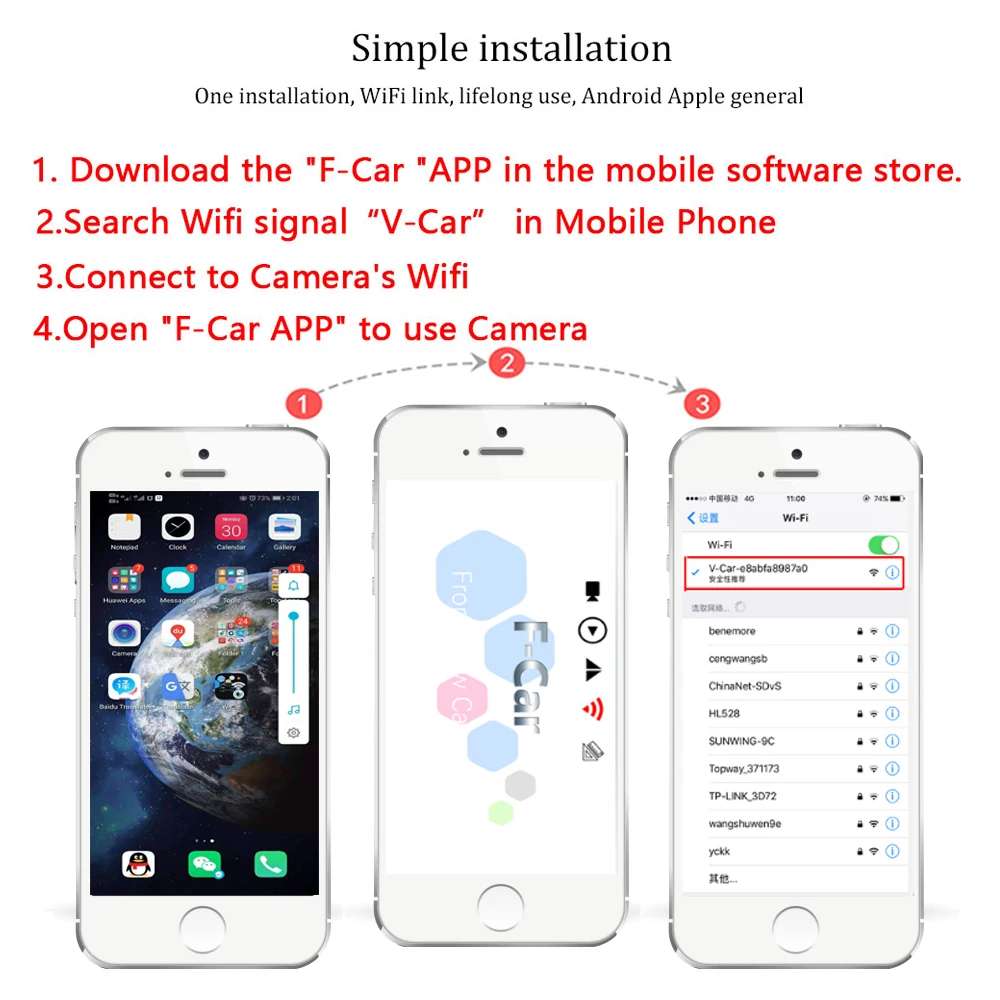 Smartour беспроводная wifi Автомобильная задняя камера заднего вида Dash Cam Звездный тахограф ночного видения для iPhone и Android ios