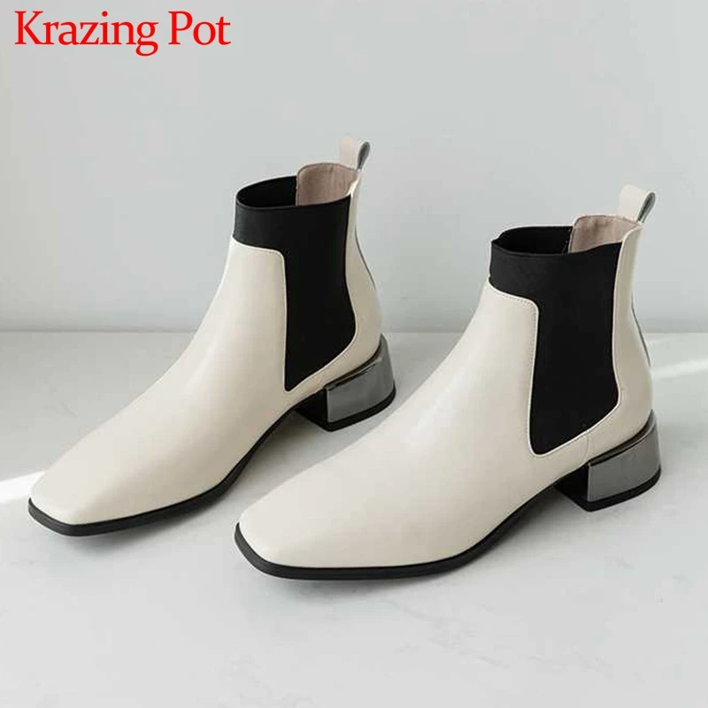 

Krazing Pot hot square toe Chelsea boots genuine leather metal med heels mixed colors winter basic classic women ankle boots L52