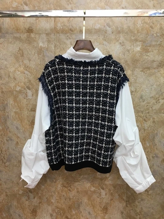 Autumn Early New Female Tie, Colour Matching and Splicing Fabric, Lattice Decoration, Long Sleeve Bottom Jacket 919