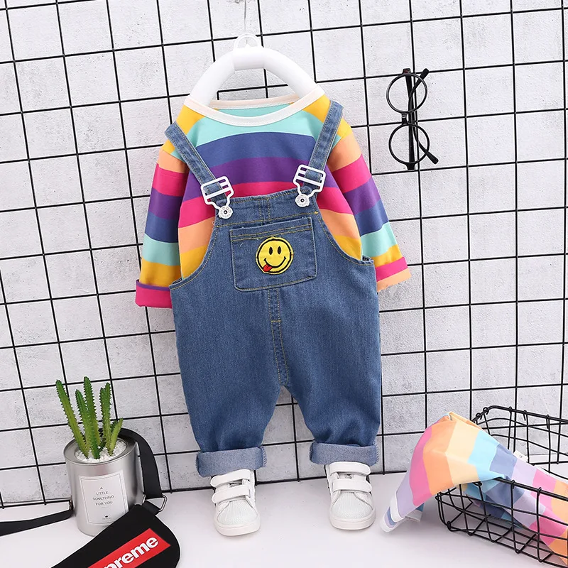 

2019 Autumn Children Baby Clothes Kids Girls Color Stripe Long Sleeve Wing Pocket Overalls Sets Infant Toddler Cotton Clothing