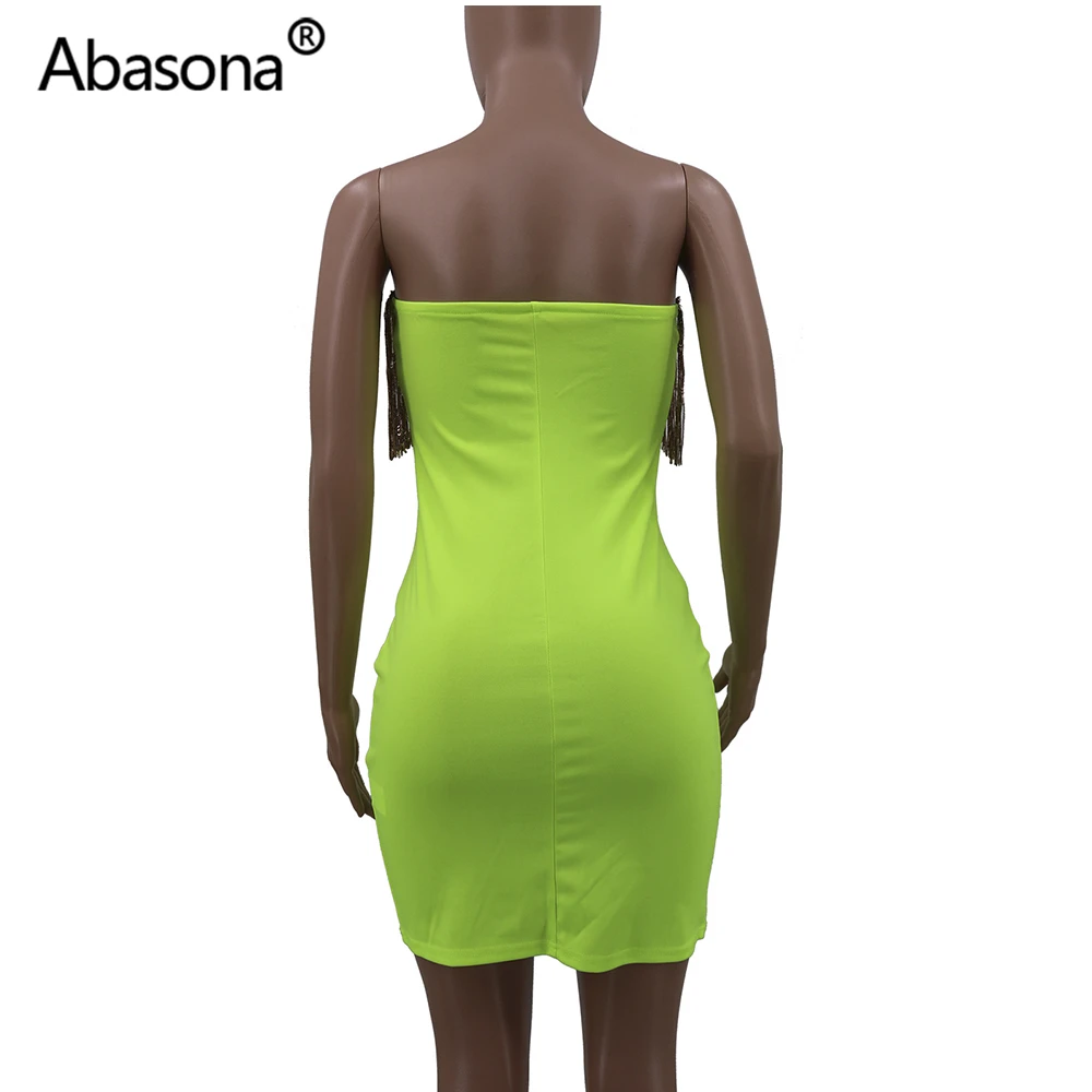 Abasona, Осеннее женское платье без бретелек, с блестками, с кисточками, с глубоким вырезом на спине, облегающее мини-платье, женские сексуальные платья для вечеринок, Vestidos