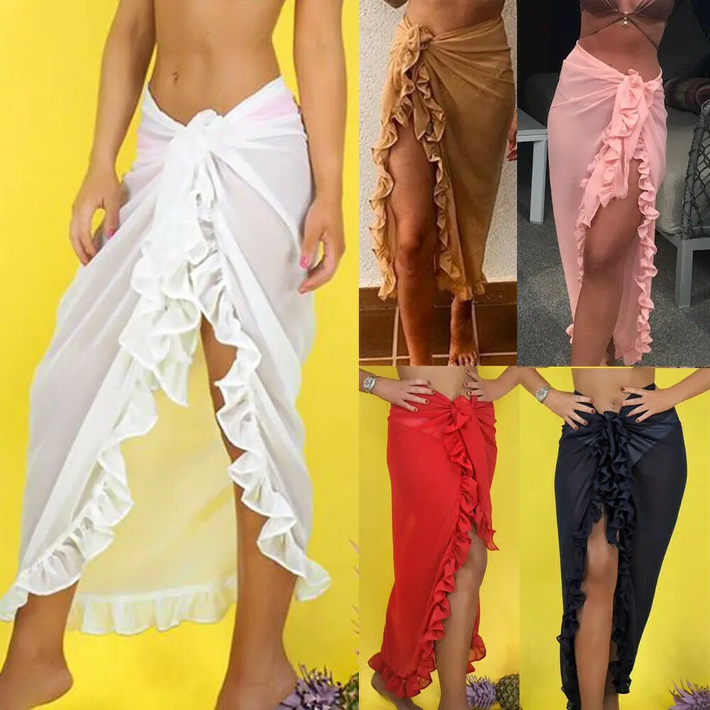 

Women Ladies Skirt Boho Beach Solid Cover Up Swimwear Sarong Summer Sexy High Waist Beach Cover-Ups Wrap Skirts