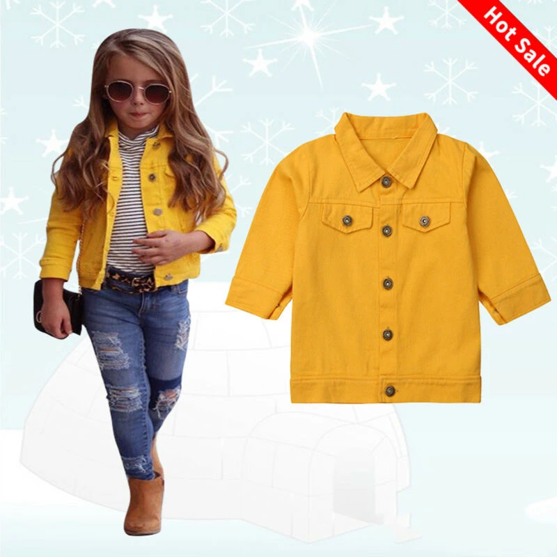 

Girls Kids Jean Coat Jacket Outwear Long Sleeve Denim Tops Button Button 2019 Autumn Fashion Clothes Streetwear Yellow 2-7T