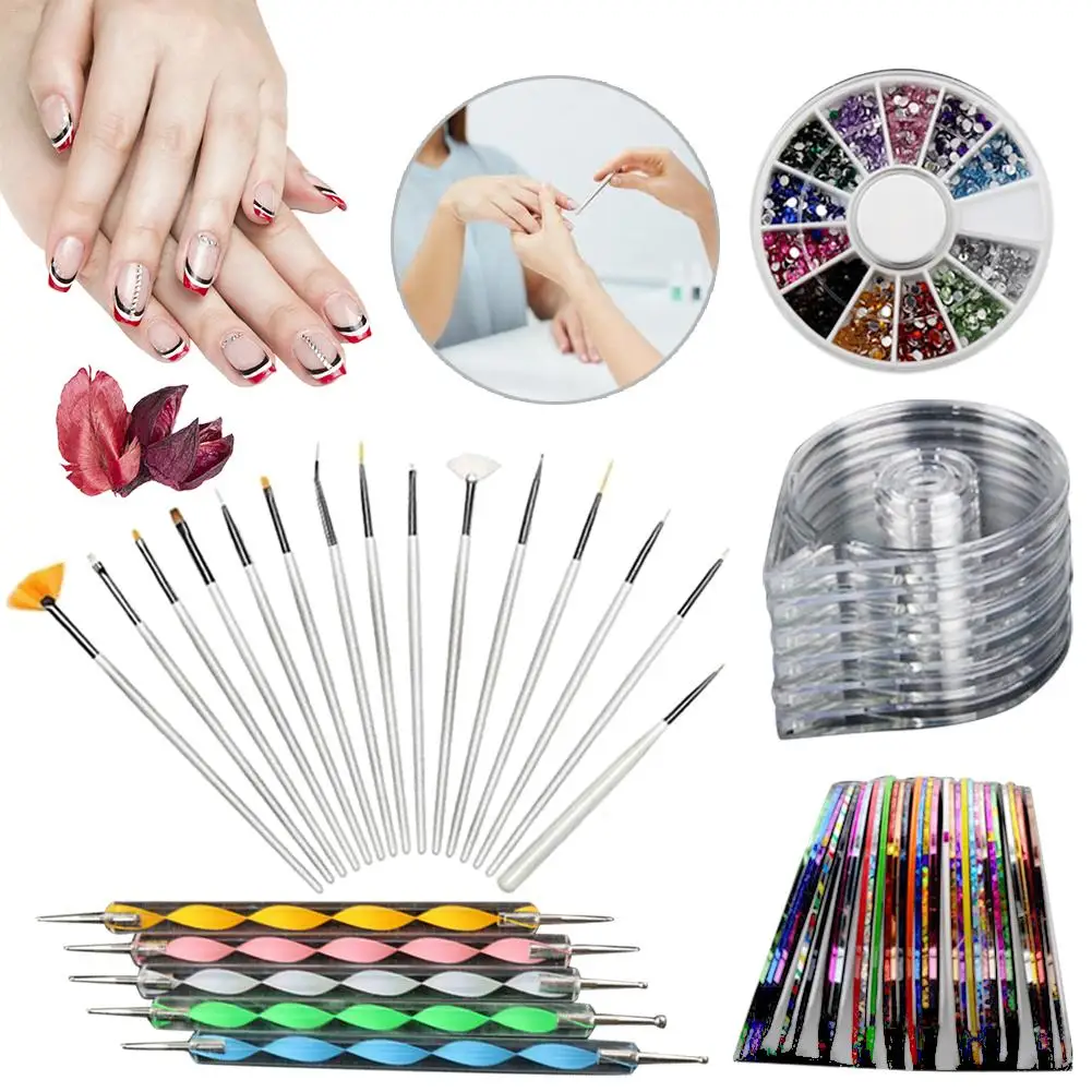Набор для нейл-арта 30 лент 4 шт стрипинг Роликовая Коробка 12 цветов Стразы 5 шт Ручка для очистки 15 шт кисть Набор для дизайна ногтей