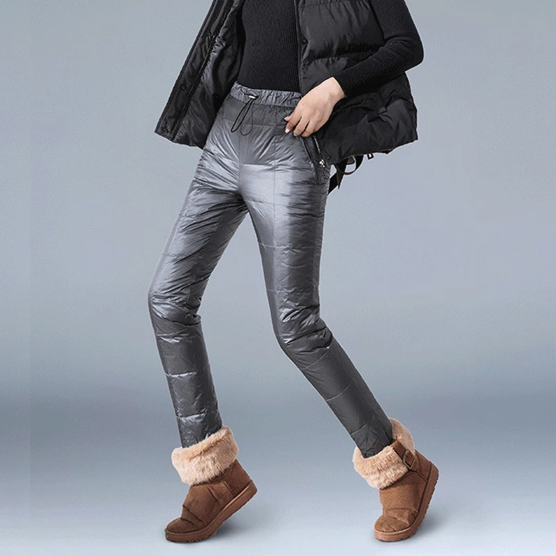 YNZZU, зимние штаны с высокой талией, на шнуровке, верхняя одежда, женские брюки, повседневные глянцевые плотные теплые штаны с утиным пухом размера плюс, AB258