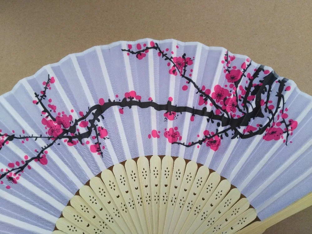 Wholesale 100pcs/lot Cherry-blossom design Elegant Folding Silk Hand Fan with Organza Gift bag Wedding Favor gift