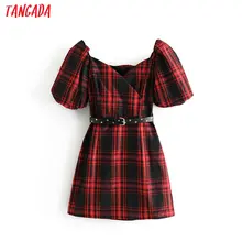 Женское Ретро красное клетчатое мини платье с поясом на молнии с коротким рукавом женское повседневное винтажное шикарное платье 3H350