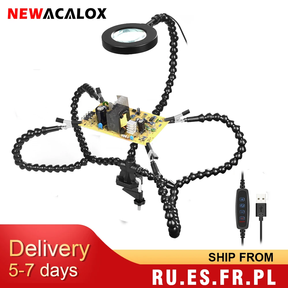 NEWACALOX Desk Clip PCB Soldering Holder 3X Magnifier with LED Light Welding Helping Hand Flexible Arm Soldering Third Hand Tool
