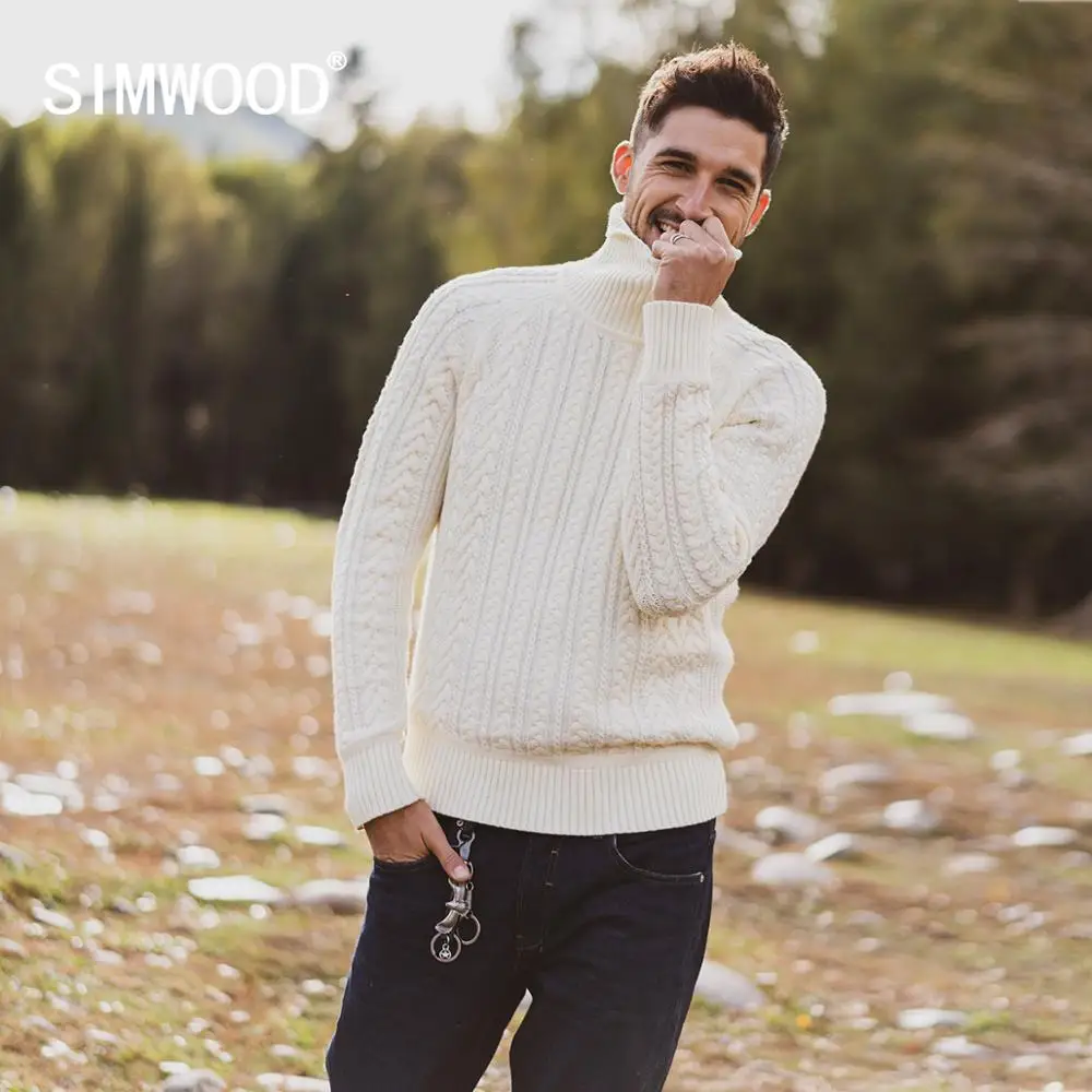 

SIMWOOD 2019 Autumn Winter New Cable-Knit Turtleneck Sweater Men Warm Knitwear Plus Size high quality brand clothing SI980729