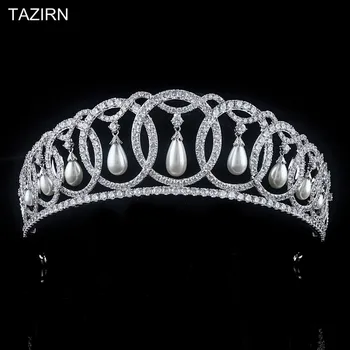 

European Princess Royal Pearls Cubic Zirconia Wedding Tiaras and Crowns Zircon Pageant Hair Jewelry CZ Birthday Party Headpieces