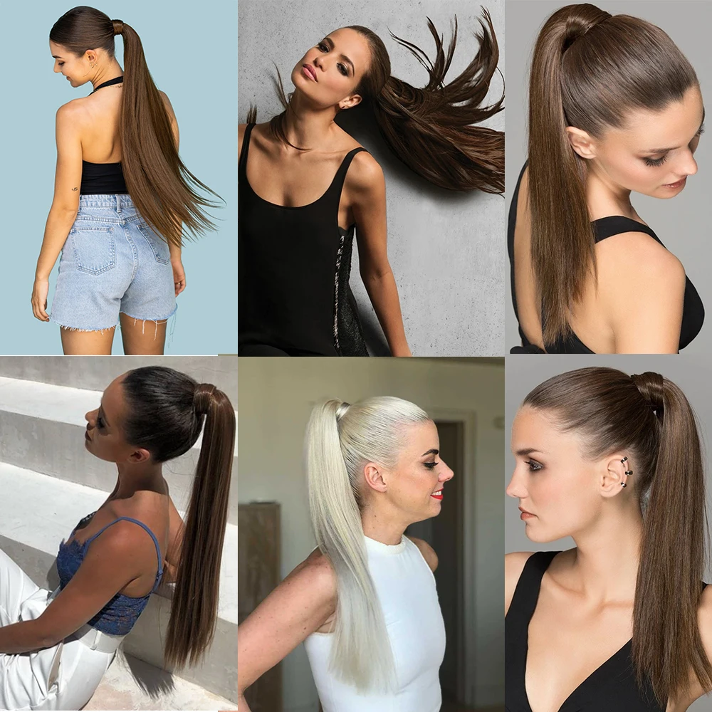 AZIR Synthetic Long Straight Wrap Around Clip on Ponytail Hair Extension fake hair extensions Heat Resistant Pony Tail Fake Hair Brown Gray
