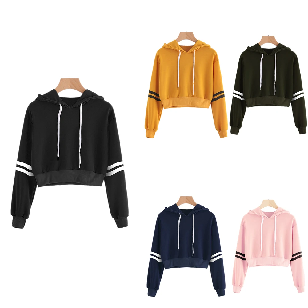 

AA Women's Short Pullover Stripe Print Long Sleeve Show Navel Drawstring Hooded Sweatshirt (S/M/L/ XL)