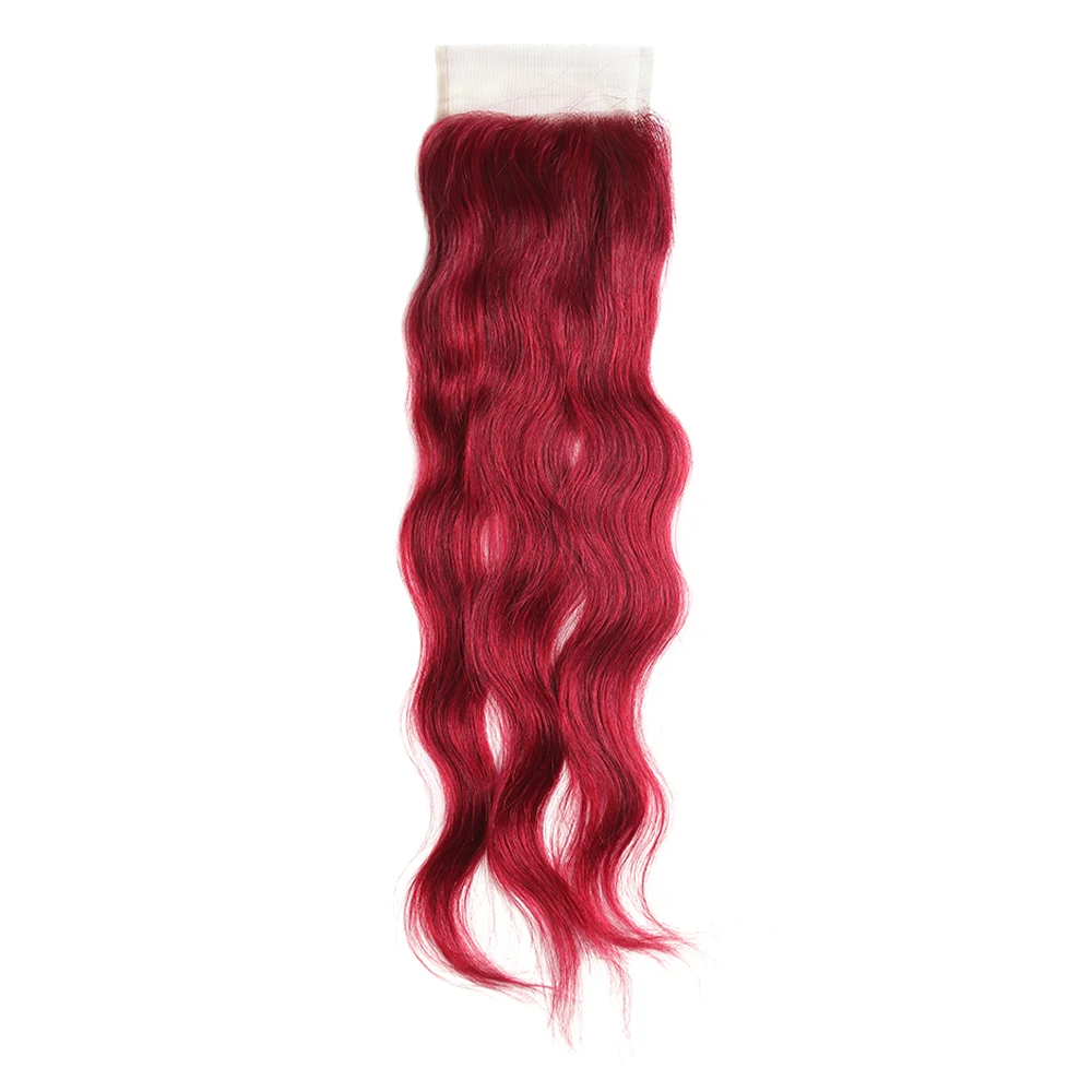 Burgundy Red Color Natural Wave Human Hair Weave Bundles With Lace Closure 4x4 Brazilian Non-remy Hair Weft Extensions X-TRESS