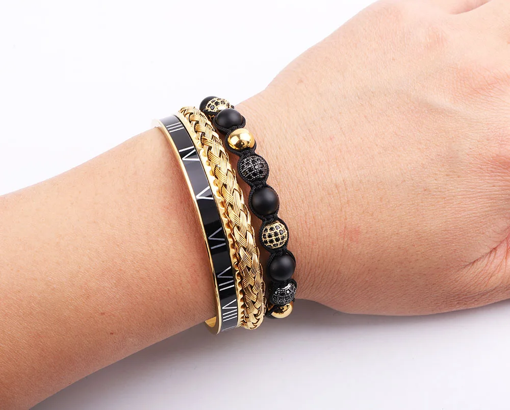 High Quality Men Jewelry Gold Stainless Steel Roman Cuff Bangle Natural Stone Macrame Bracelet Set Men - Image 5