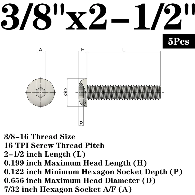 3/8 дюймовый болт с головкой в форме пуговицы из нержавеющей стали - Цвет: 5Pcs