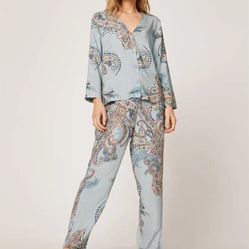 

2020 New Fashion Print Women Pajamas Set V-neck Long Sleeve Shirt Elastic Pants Female Sleepwear Elegant Loose Lady Home Clothes