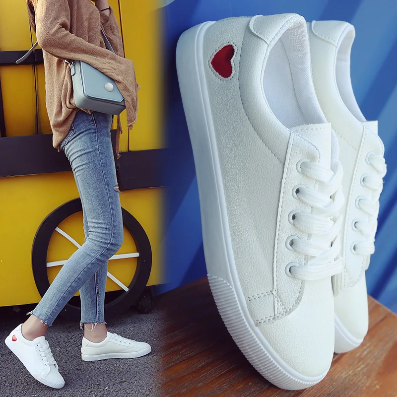 

Korean-style Heart White Shoes Women's 2019 Autumn Hot Selling New Style Versatile Flat Low-Cut WOMEN'S Shoes Students Base