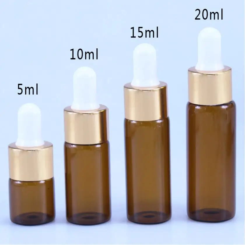 50pcs/lot 5ml 10ml 15ml 20ml Amber Glass Dropper Bottle Jars Vials With Pipette For Cosmetic Perfume Essential Oil Bottles