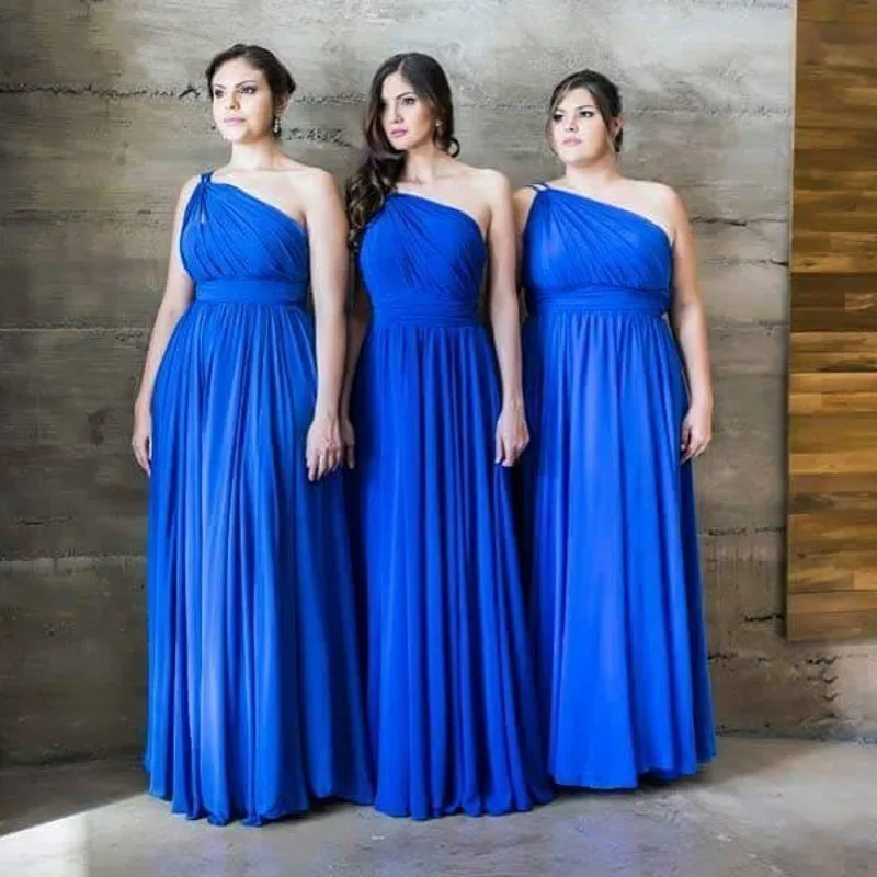One Shoulder Blue Chiffon Long Wedding Guest Party Dress Custom Made Bridesmaid Dresses