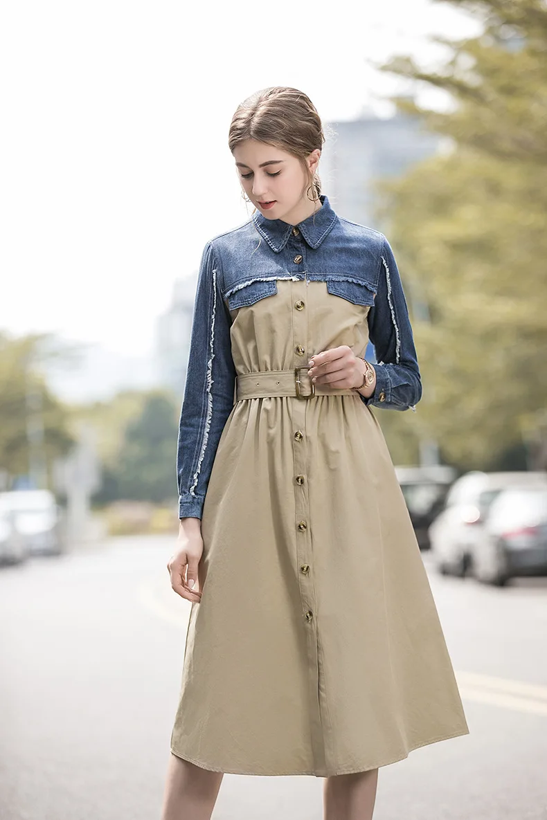 

Autumn Dress Women 2019 New Fashion Patchwork Turn Down Collar Wrist Length Sleeve Single Breasted Slim Belted A-Line Dress Midi