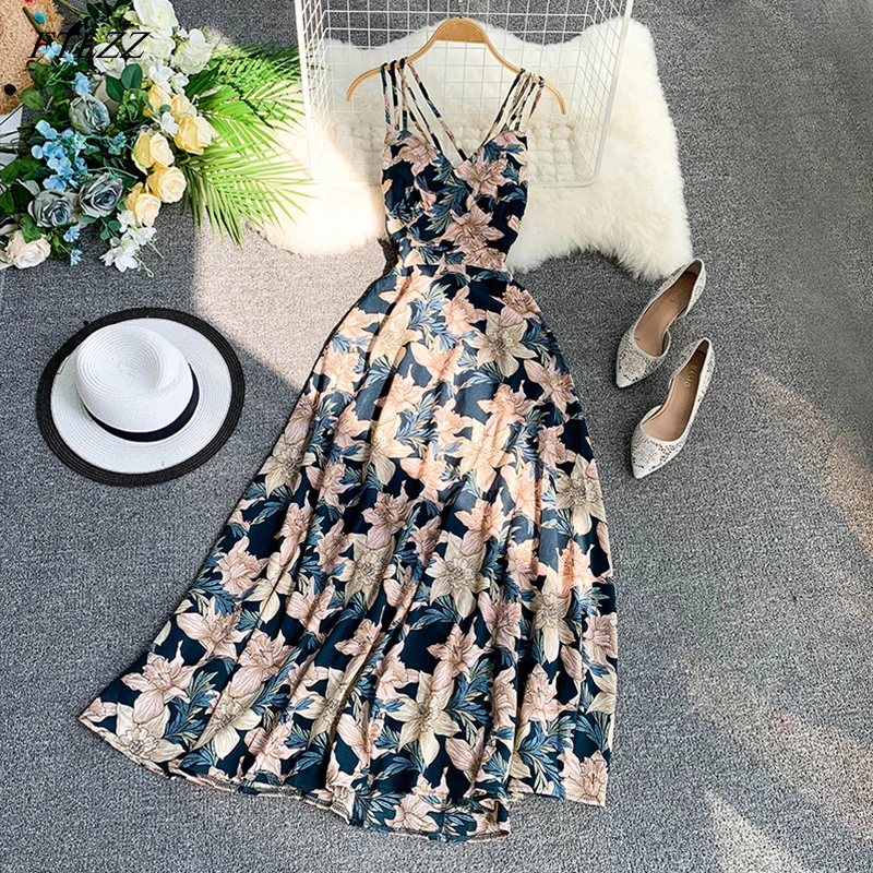 Dress Summer V-Neck Vestido Backless Floral-Print Bohemian Female Elegant Sexy Women
