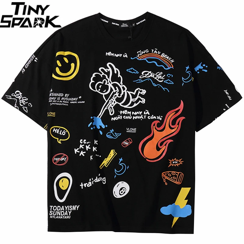 

2020 Men T Shirt Hip Hop Streetwear Fire Flame Graffiti Tshirt Harajuku Summer Short Sleeve T-Shirt Cotton Tops Tees Hipster
