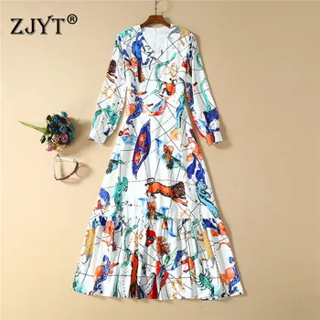 

2020 New Fashion Spring Maxi Runway Dress Women Elegant V Neck Long Sleeve Animal Print Holiday Ankle Length Dress Vestidos