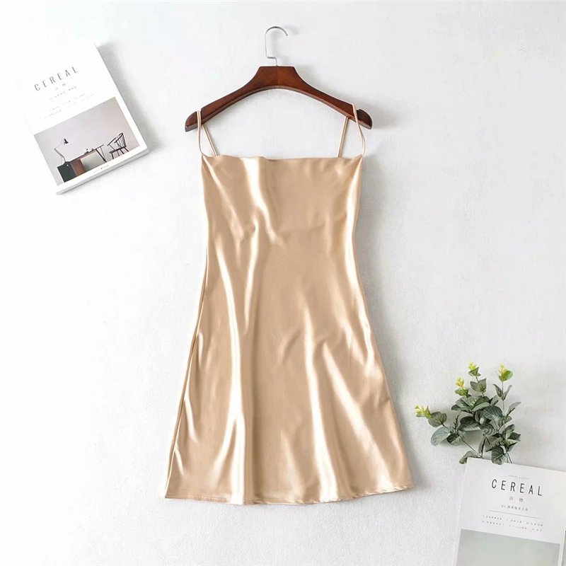 Vintage chic women sleeveless beach strapless mini dresses Ladies Summer satin happie dress vestidos - Цвет: kahaki