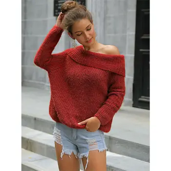 

2019 Autumn Winter Spring Twisted Knitted Sweater for Women Fashion Pure Color Off Shoulder Long Sleeve Loose Pullover Sweater