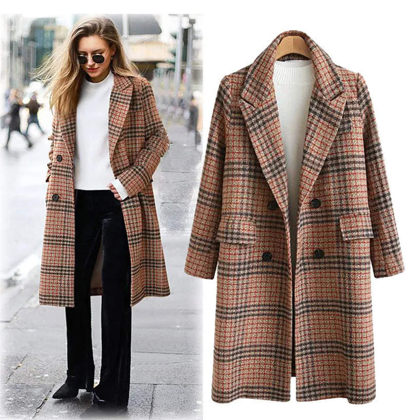 Зимняя женская шерстяная клетчатая куртка новая мода английский стиль длинное шерстяное пальто свободный тип плюс размер зимние шерстяные куртки женские