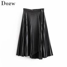 Black Faux Leather Pleated Skirt Streetwear Asymmetrical Midi Shirt With Belt Autumn Winter Vintage Elegant Office Skirt