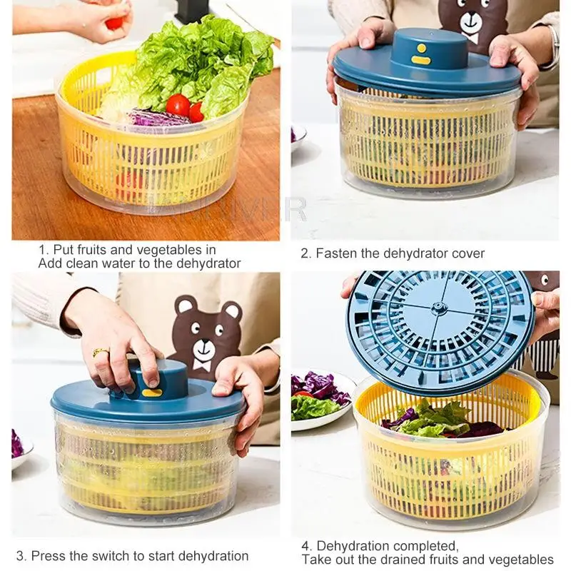 3L Electric Vegetables Dryer Salad Spinner Dehydrator Multifunction Fruits Washing Draining Basket USB Charing Kitchen Drainer 3