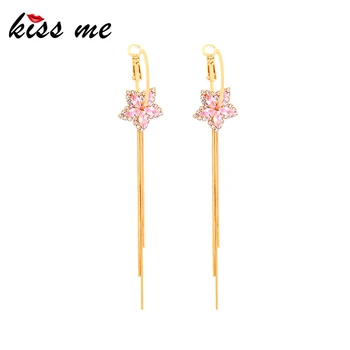 

kissme Exquisite Zircon Flower Drop Earrings For Women Gold Color Brass Long Chain Tassel Earrings Fashion Jewelry Accessories