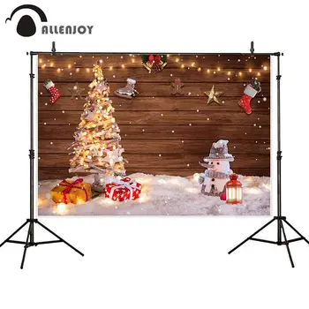 

Allenjoy photographic backgrounds winter christmas tree snowman wood wall gifts bells stockings lights decor backdrop photophone