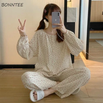 

Pajama Sets Women Round Neck Floral Print Long Sleeves Autumn Ulzzang Girs Simple Lovely Full Trousers Home Wear Trendy Chic Ins