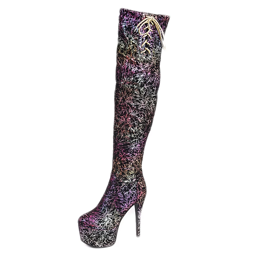 

Ultra-High Stiletto Lace-Up Firework Pattern Fashion Womenâ€™S Boot European Style High Waterproof Platform Over The Knee Boots
