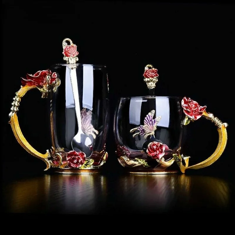 Hand-made Enamel Coffee Mug Crystal Cup Milk Lemon Flower Tea High-grade Glass Drinkware Gift Couple for Lover Wedding | Дом и сад