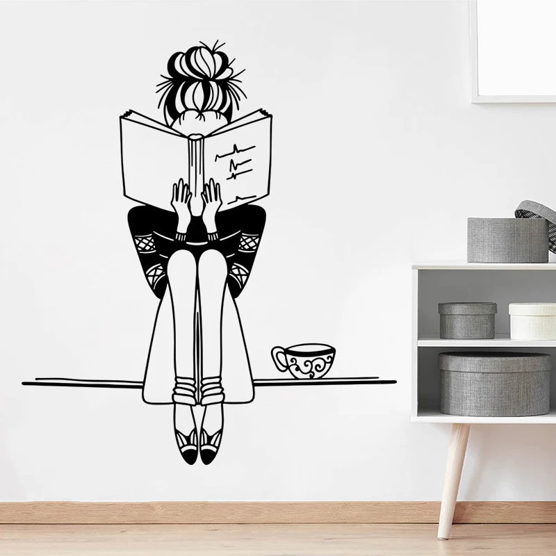 Large Girl Reading Book Coffee Wall Sticker Classroom School Read Book Girl Study Wall Decal Bedroom Kids Room Vinyl Decor (2)