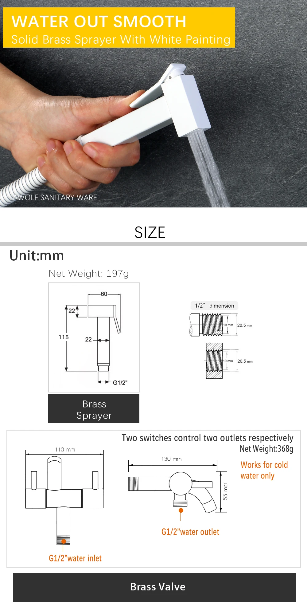 Description Picture 3 of itemSquare Design Hand Held Toilet Bidet Sprayer White Solid Brass Douche Kit Shattaf Dual handle Bidet Faucet Shower Spout AP2305
