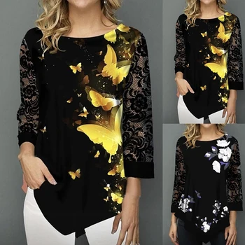 

T-shirt Women's Plus Size Lace Chiffon Stitching Ladies T-shirt Floral Print Loose Casual Tops Women Irregular Autumn Clothes